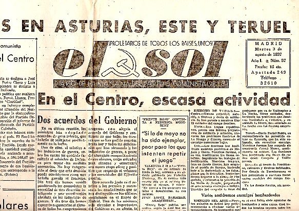 EL SOL. DIARIO DE LA MA�ANA DEL PARTIDO COMUNISTA DE ESPA�A. A�O I. N. 57. 3-AGOSTO-1937.