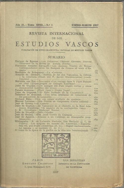 REVISTA INTERNACIONAL DE LOS ESTUDIOS VASCOS. A�O 21. TOMO XVIII. N.1.