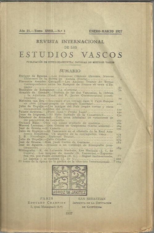 REVISTA INTERNACIONAL DE LOS ESTUDIOS VASCOS. AO 21. TOMO XVIII. N.1.