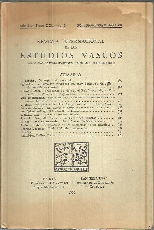 REVISTA INTERNACIONAL DE LOS ESTUDIOS VASCOS. AO 24. TOMO XXI. N.4.