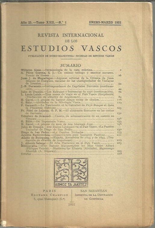 REVISTA INTERNACIONAL DE LOS ESTUDIOS VASCOS. AO 25. TOMO XXII. N.1.