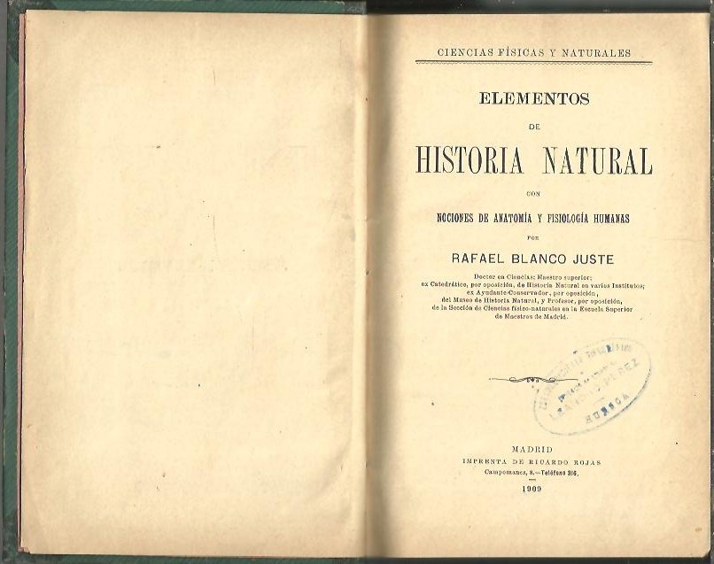 ELEMENTOS DE HISTORIA NATURAL CON NOCIONES DE ANATOMIA Y FISIOLOGIA HUMANAS.