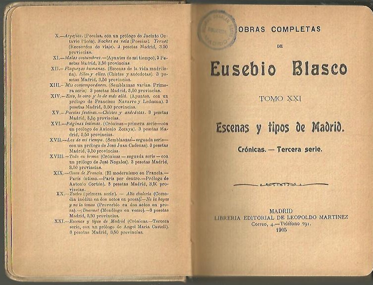 OBRAS COMPLETAS DE EUSEBIO BLASCO. TOMO XIII. ESCENAS Y TIPOS DE MADRID. CRONICAS. TERCERA SERIE.