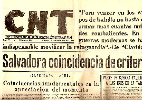 CNT. ORGANO DE LA CONFEDERACION NACIONAL DEL TRABAJO. A�O V. N. 424. 8-OCTUBRE-1936.