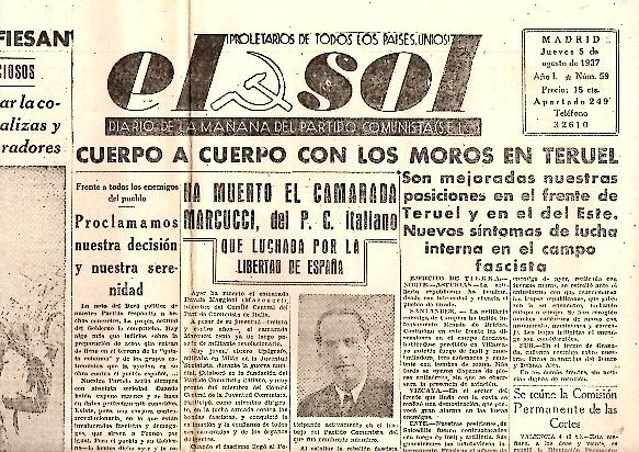 EL SOL. DIARIO DE LA MA�ANA DEL PARTIDO COMUNISTA DE ESPA�A. A�O I. N. 59. 5-AGOSTO-1937.