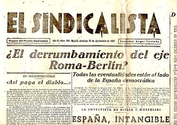 EL SINDICALISTA. ORGANO DEL PARTIDO SINDICALISTA. AO III. N. 506. 26-SEPTIEMBRE-1937.
