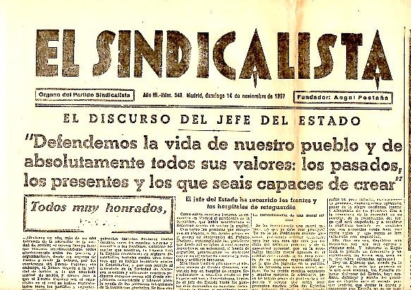 EL SINDICALISTA. ORGANO DEL PARTIDO SINDICALISTA. AO III. N. 548. 14-NOVIEMBRE-1937.