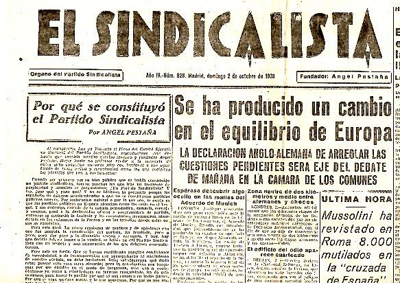 EL SINDICALISTA. ORGANO DEL PARTIDO SINDICALISTA. A�O IV. N. 828. 2-OCTUBRE-1938.