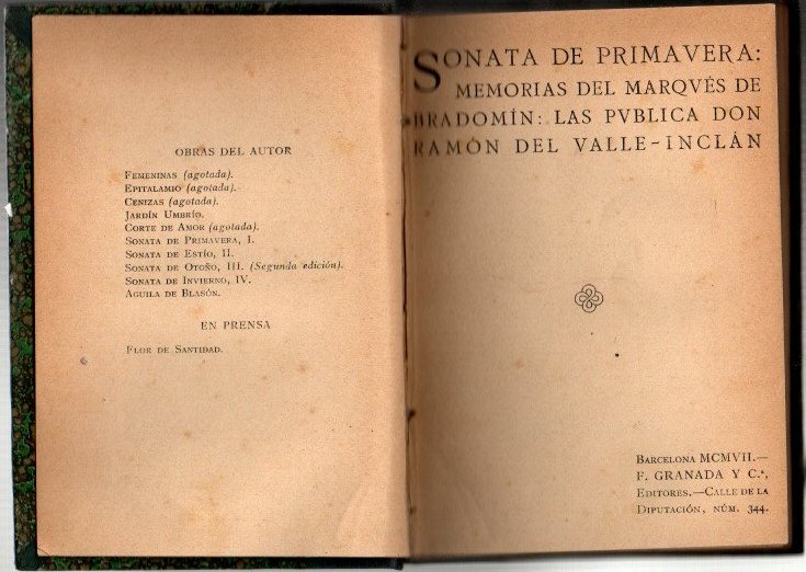 SONATA DE PRIMAVERA. MEMORIAS DEL MARQUES DE BRADOMIN.