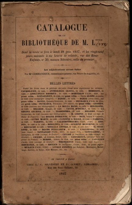 CATALOGUE DE LA BIBLIOTHEQUE DE M. L****. [LIVRY]. DONT LA VENTE SE FERA LE LUNDI 28 DE JUIN 1847 ET LES VINGT-NEUF JOURS SUIVANTS